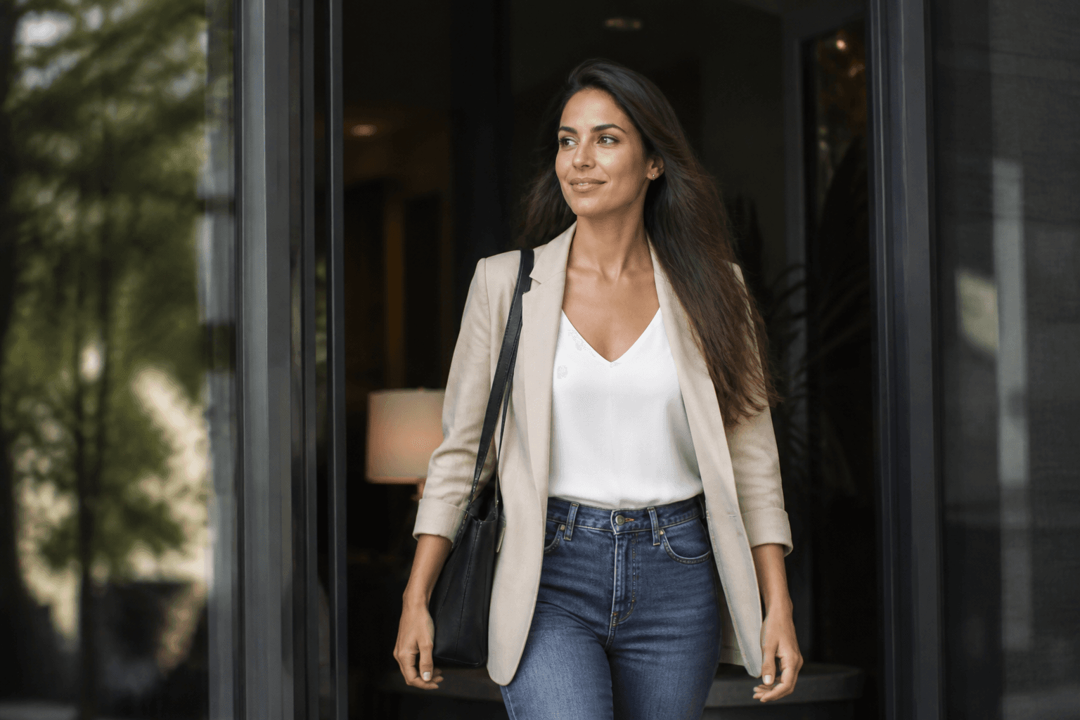 A person stepping out through a doorway with confidence