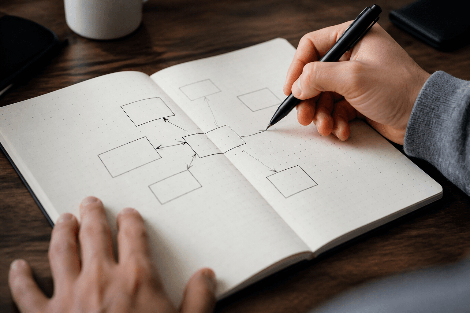 Hands sketching a structured framework diagram in a notebook