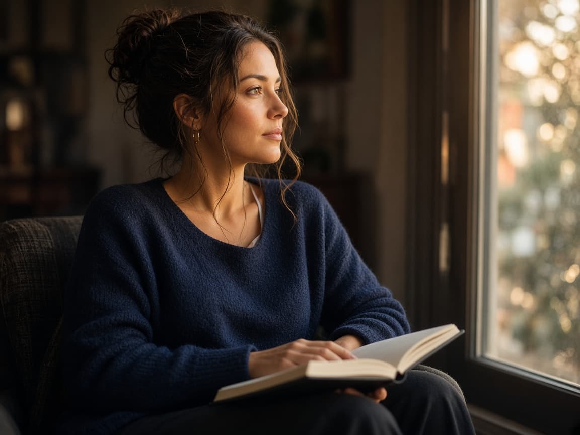 A woman by a window with an open notebook, in a quiet moment of reflection