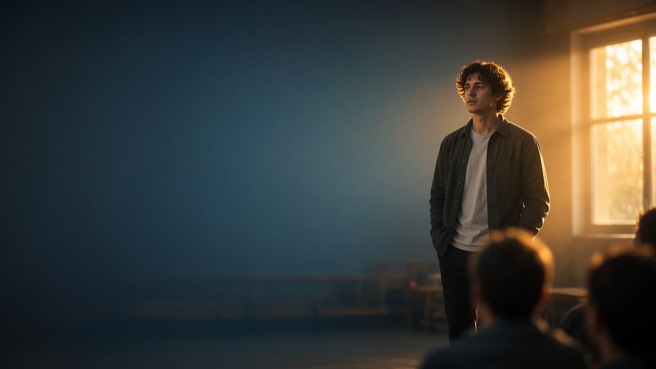 A young person standing up to speak in a warm, sunlit room while a small group listens
