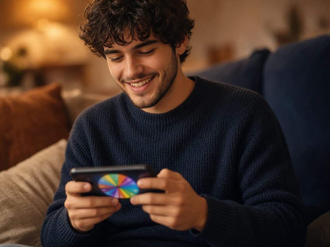 A person relaxed on a sofa, smiling at a colorful puzzle on their phone