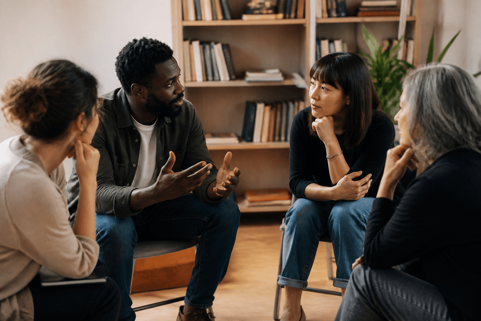 A small group in genuine, focused conversation