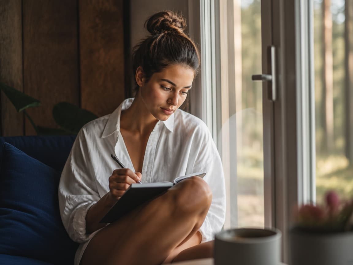A person writing a short story in a notebook by a window