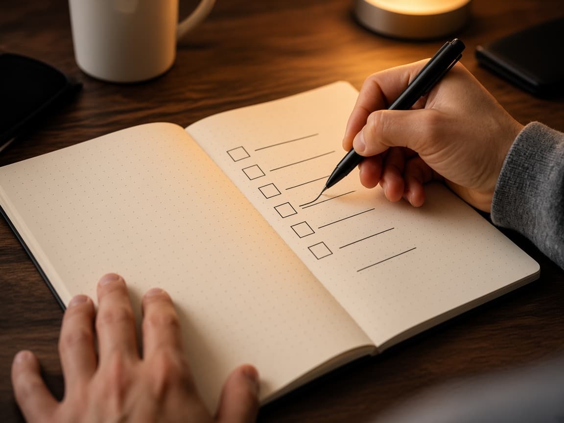 Hands marking an honest self-check in a notebook